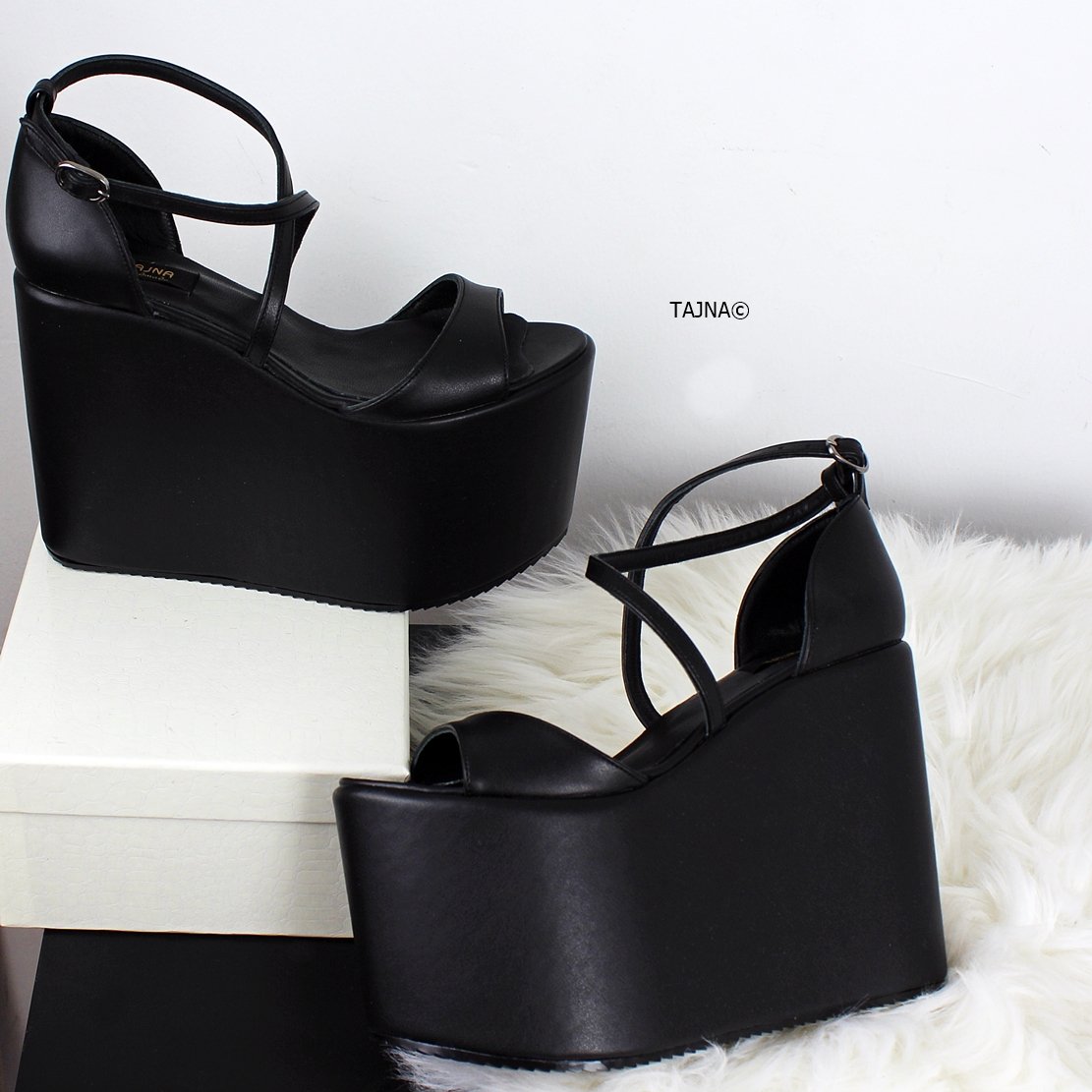 Black Flat-form Ankle Strap Wedges - Tajna Club