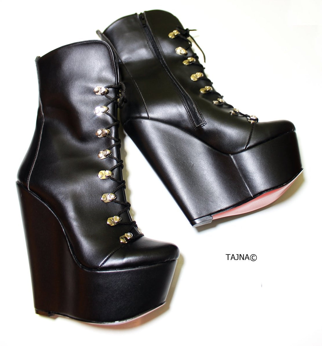 Lace Up Black Military Style Wedge Boots - Tajna Club