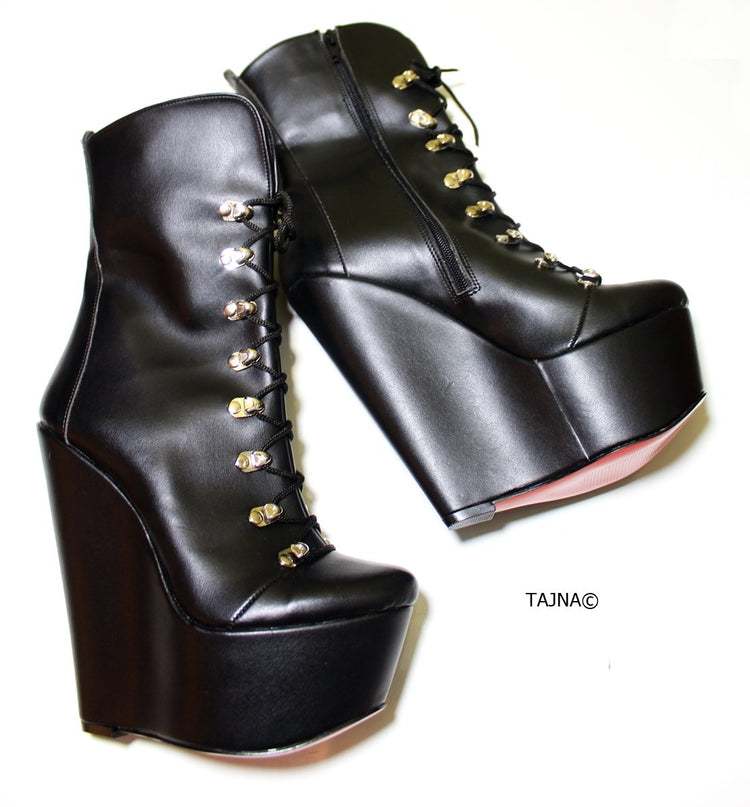 Lace Up Black Military Style Wedge Boots - Tajna Club