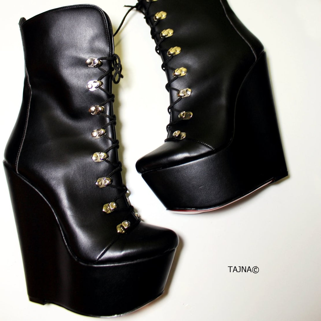 Lace Up Black Military Style Wedge Boots - Tajna Club