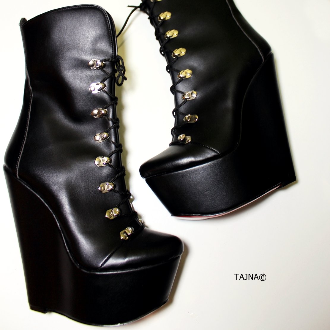 Lace Up Black Military Style Wedge Boots - Tajna Club