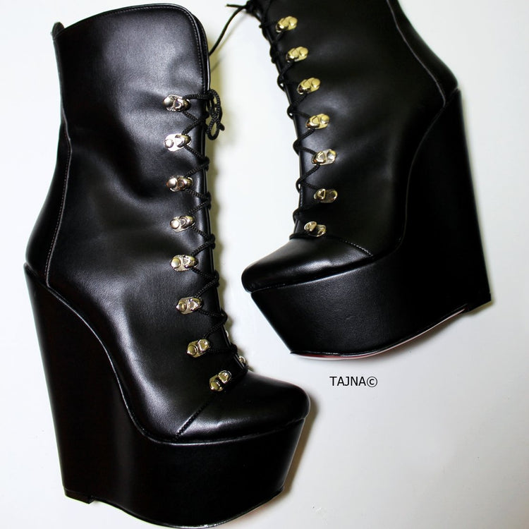 Lace Up Black Military Style Wedge Boots - Tajna Club