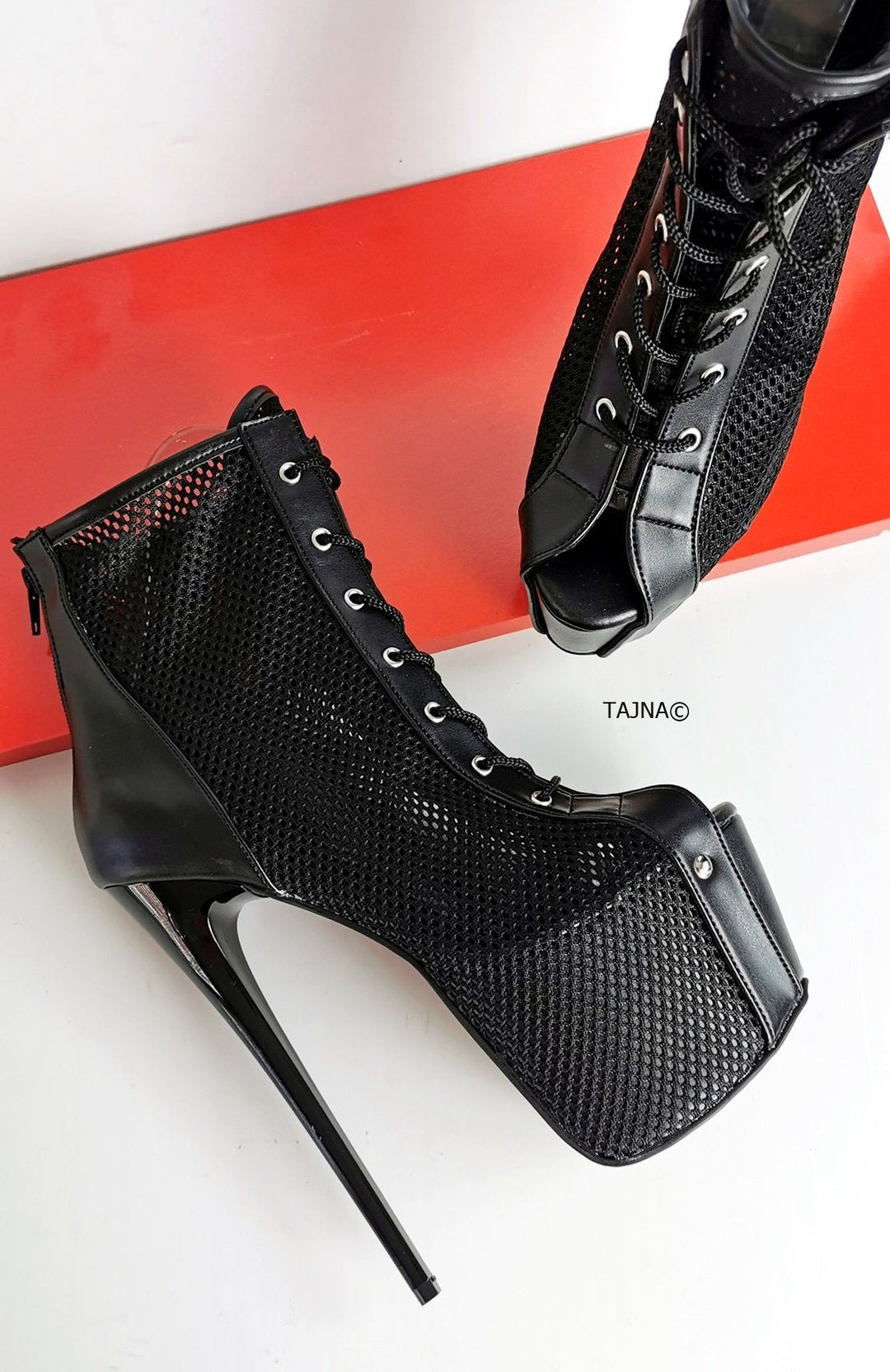 Fishnet Black Lace Up Ankle Heels - Tajna Club