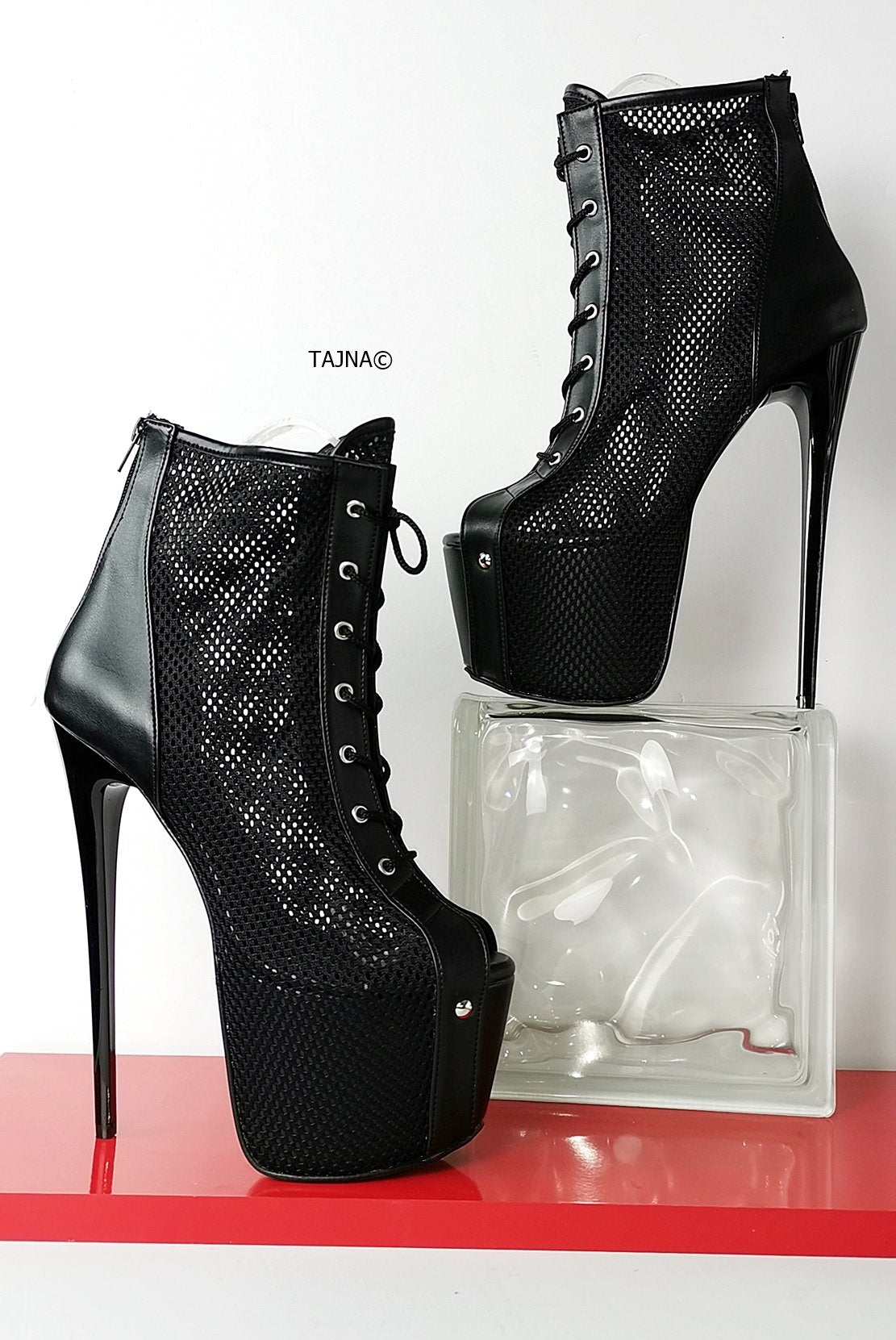 Fishnet Black Lace Up Ankle Heels - Tajna Club