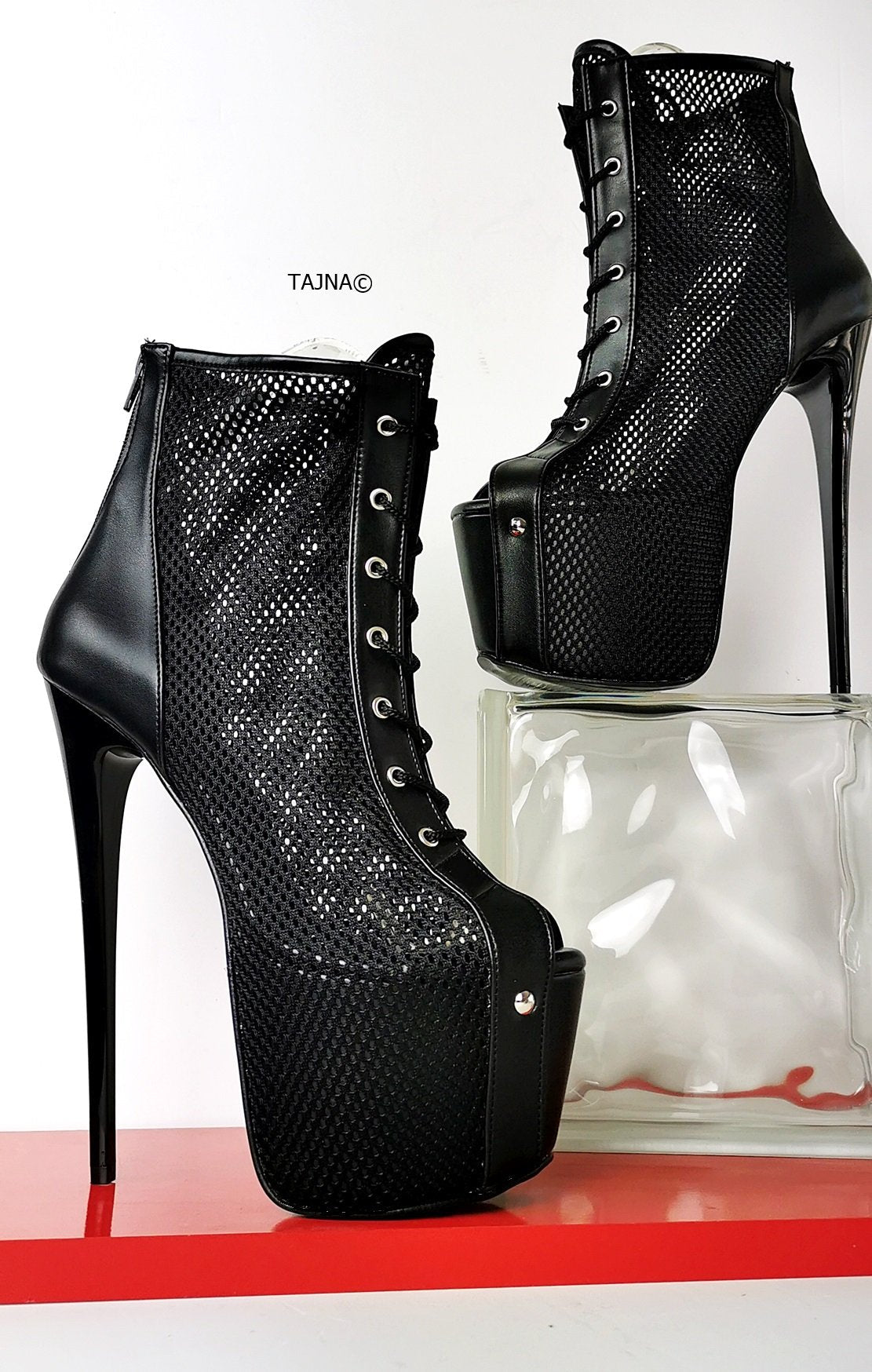 Fishnet Black Lace Up Ankle Heels - Tajna Club