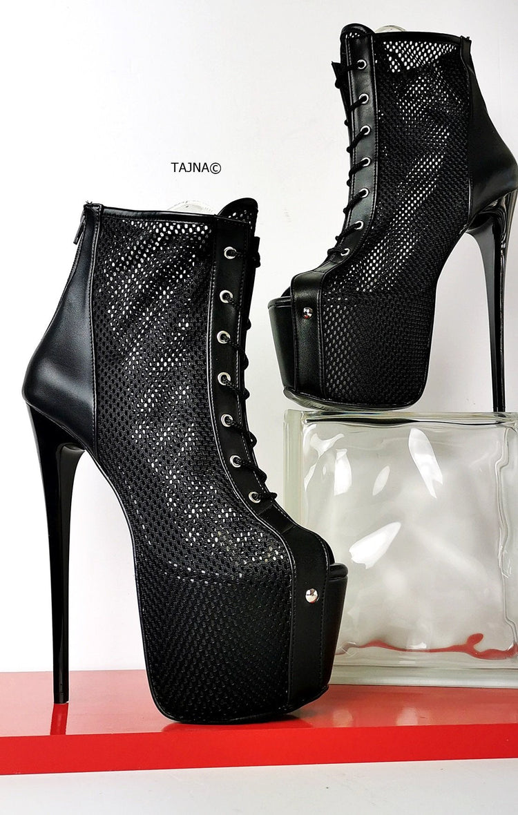 Fishnet Black Lace Up Ankle Heels - Tajna Club