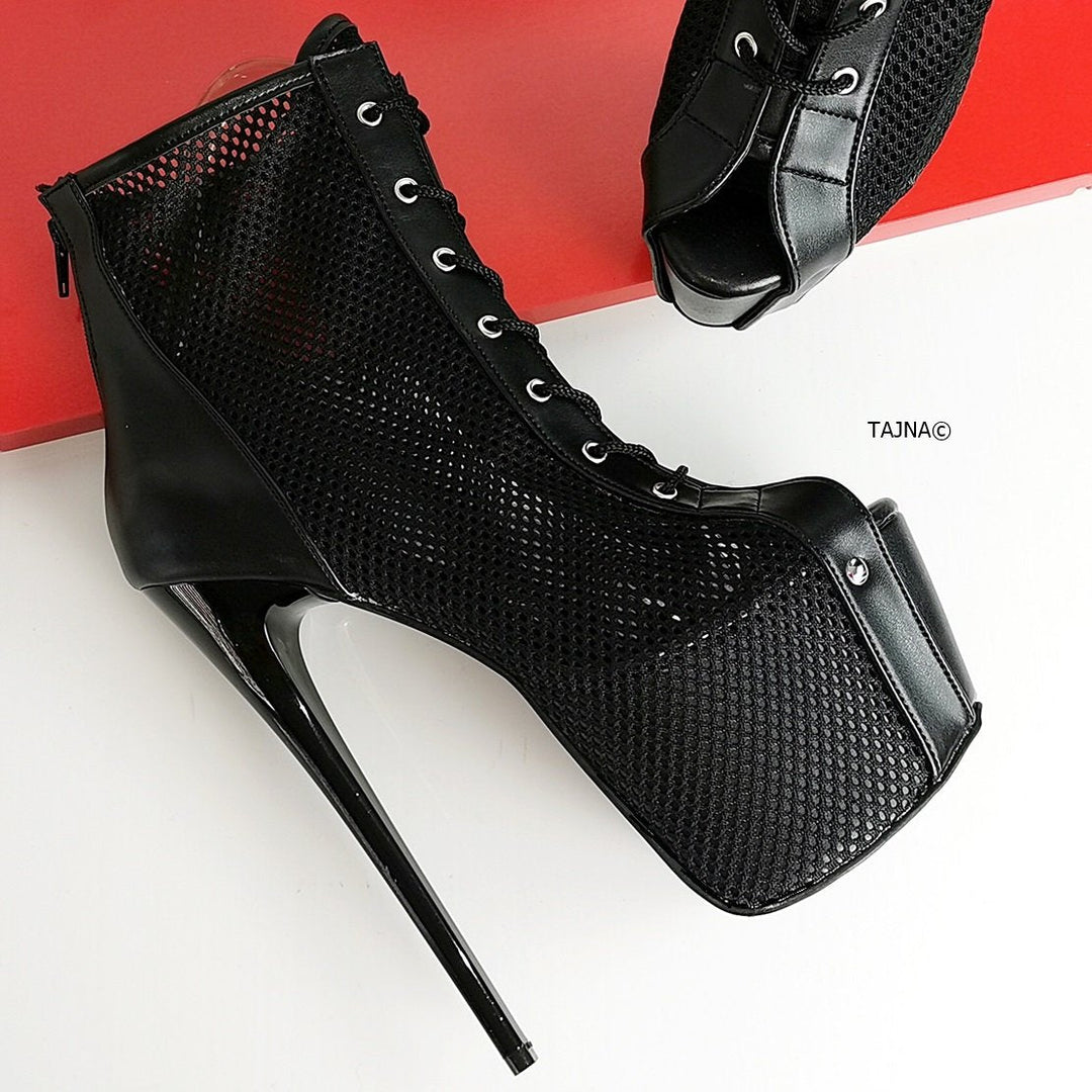 Fishnet Black Lace Up Ankle Heels - Tajna Club