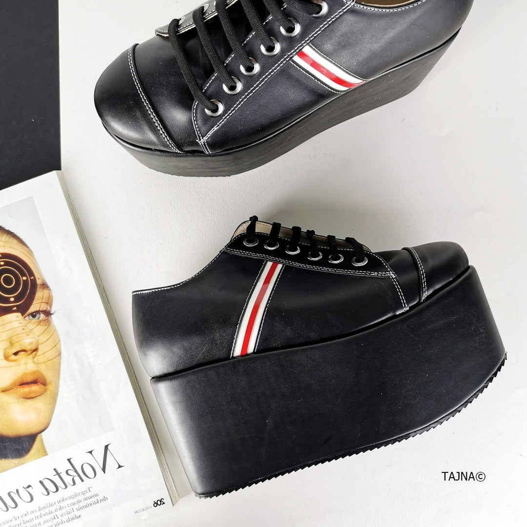 Black Lace Up Flat Wedge Shoes - Tajna Club