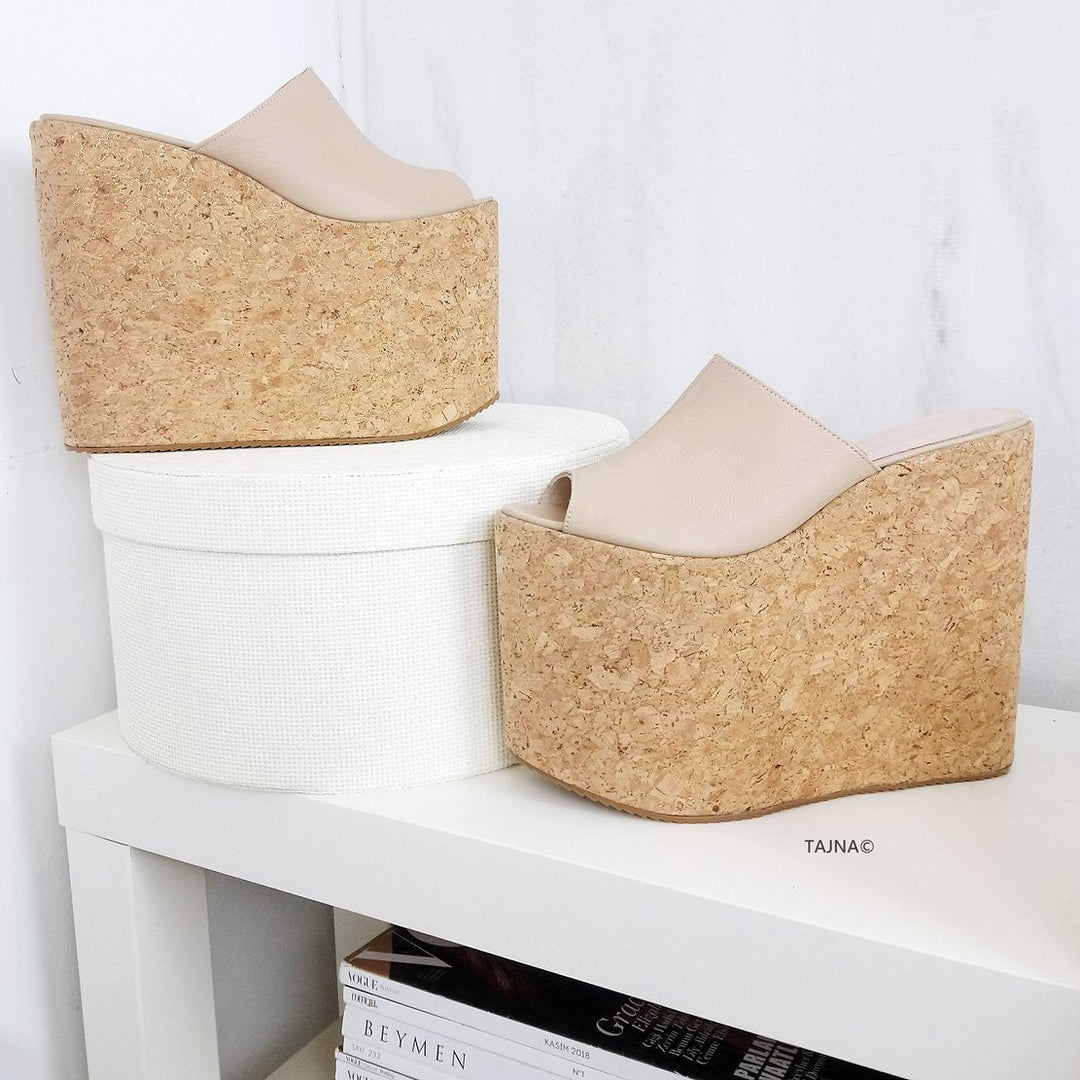 Cream Nude Cork Flat Wedge Mules - Tajna Club