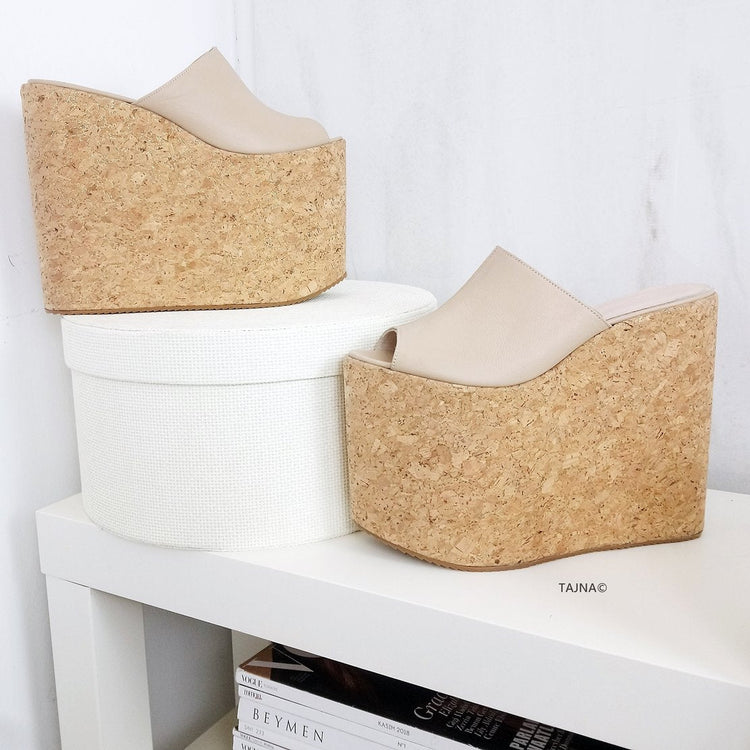 Cream Nude Cork Flat Wedge Mules - Tajna Club