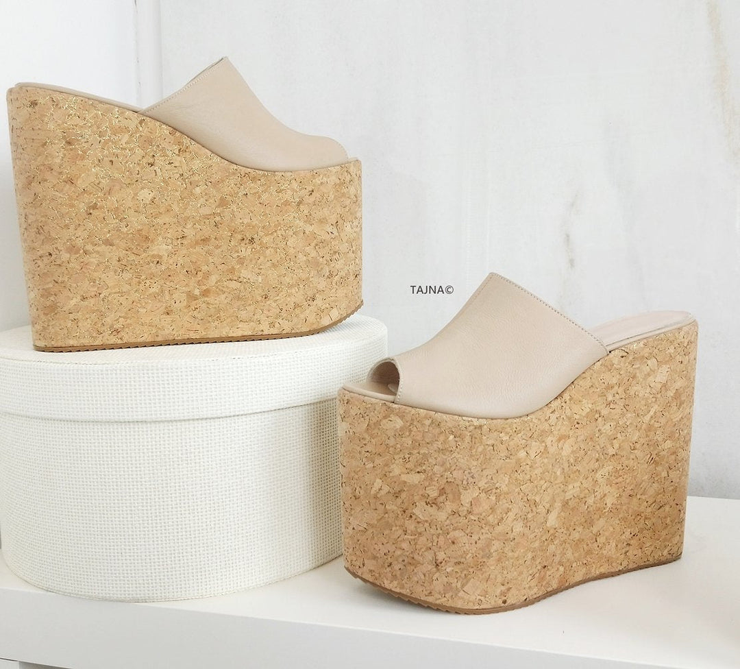 Cream Nude Cork Flat Wedge Mules - Tajna Club