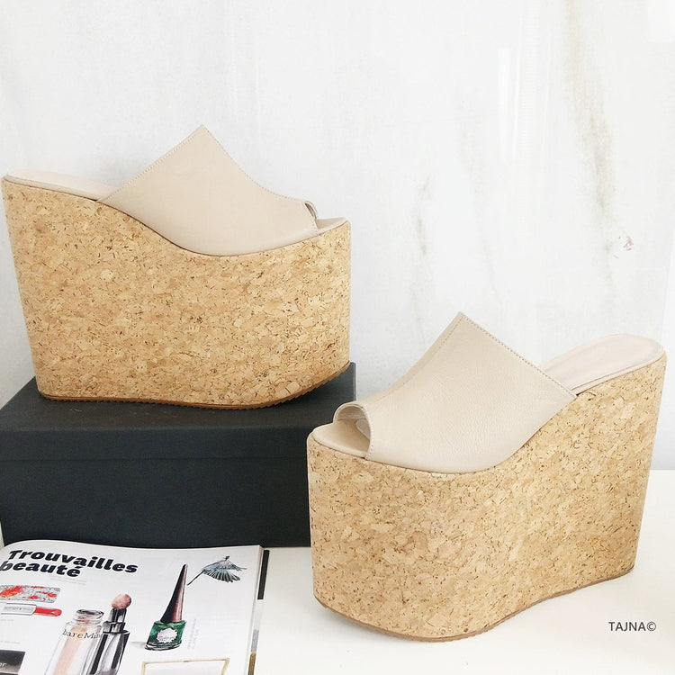 Cream Nude Cork Flat Wedge Mules - Tajna Club