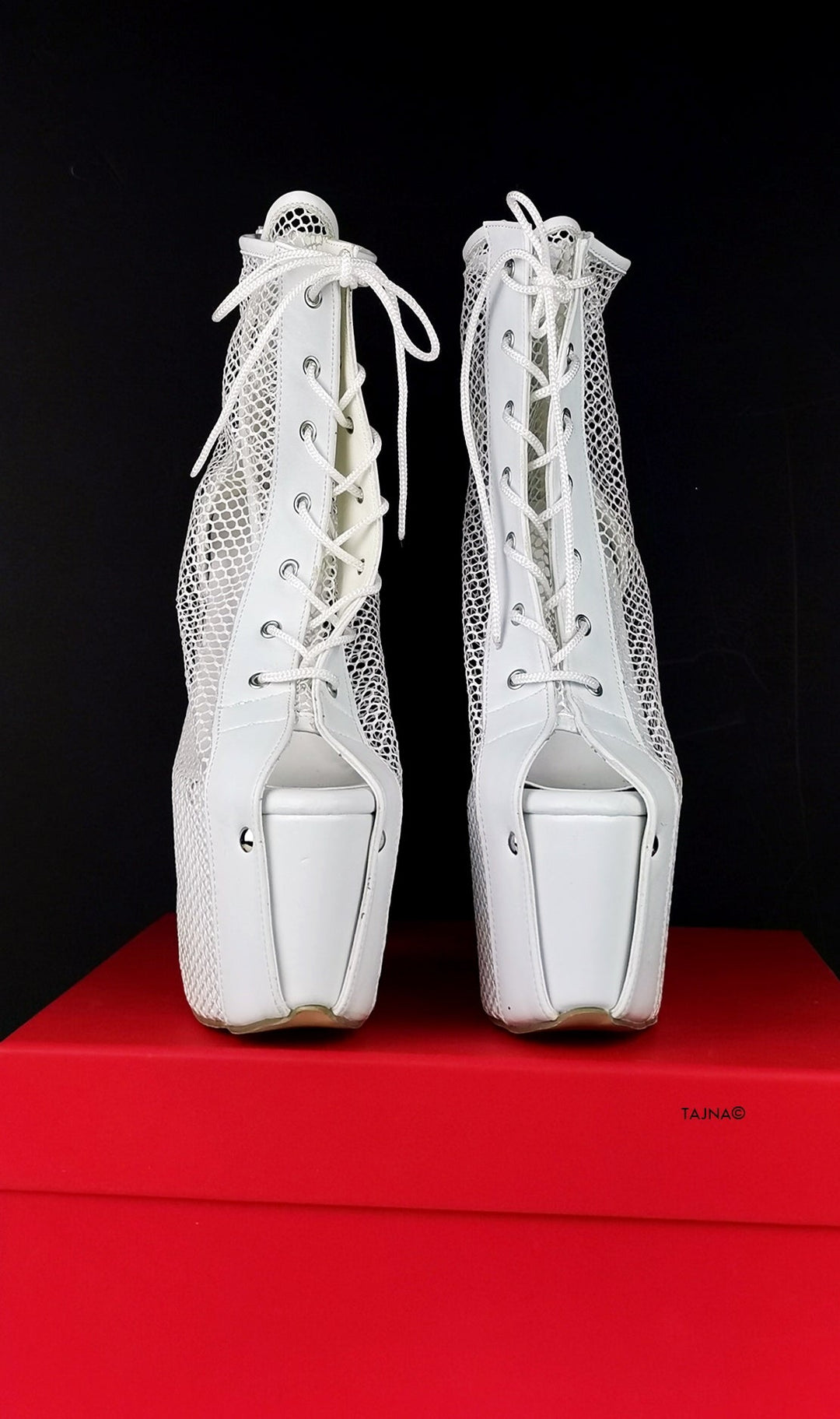 White Fishnet Lace Up Booties - Tajna Club