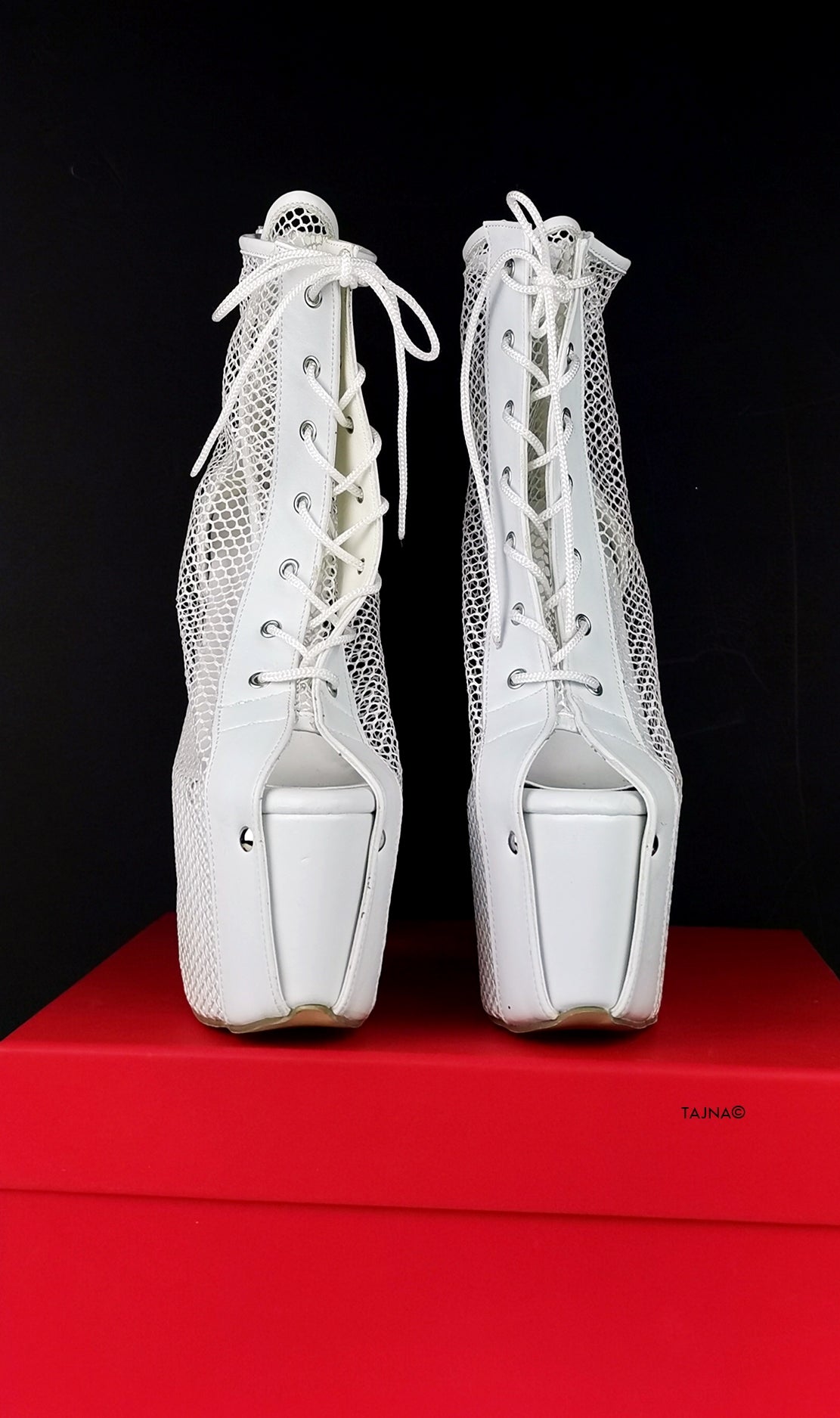 White Fishnet Lace Up Booties - Tajna Club