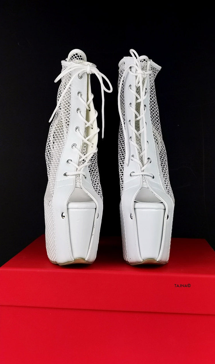White Fishnet Lace Up Booties - Tajna Club