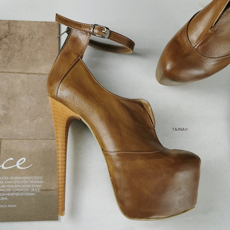 Designer Tobacco Brown Ankle Strap Platforms - Tajna Club
