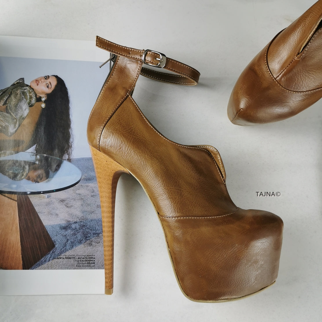 Designer Tobacco Brown Ankle Strap Platforms - Tajna Club