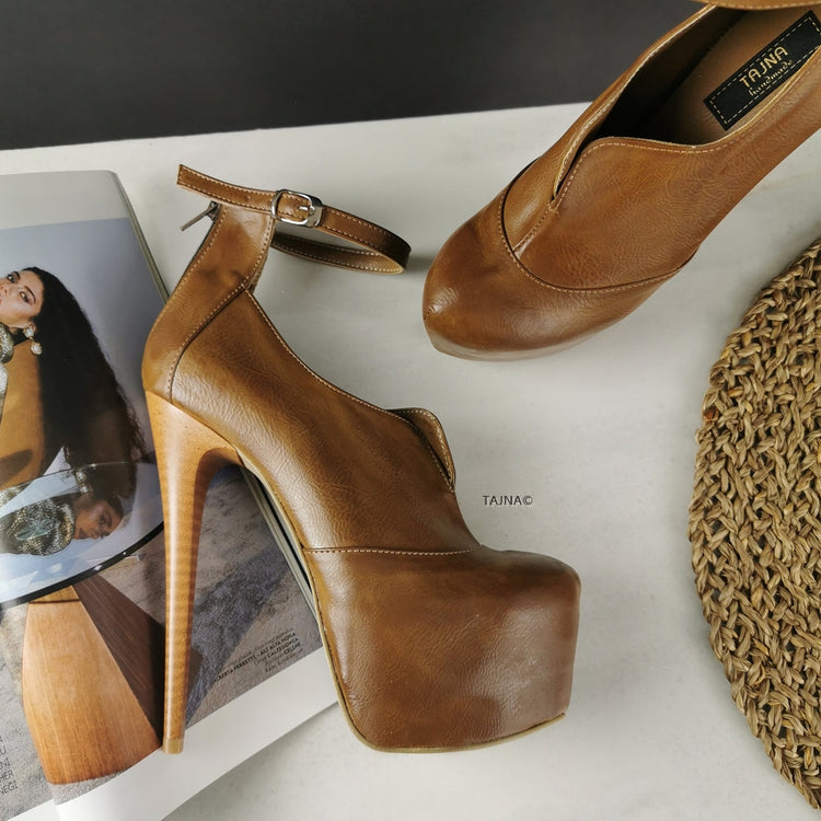 Designer Tobacco Brown Ankle Strap Platforms - Tajna Club