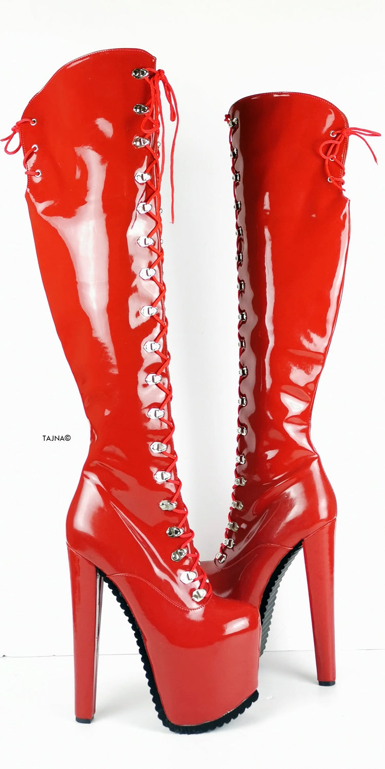 Serrated Sole Red Military Lace Up Knee High Boots - Tajna Club