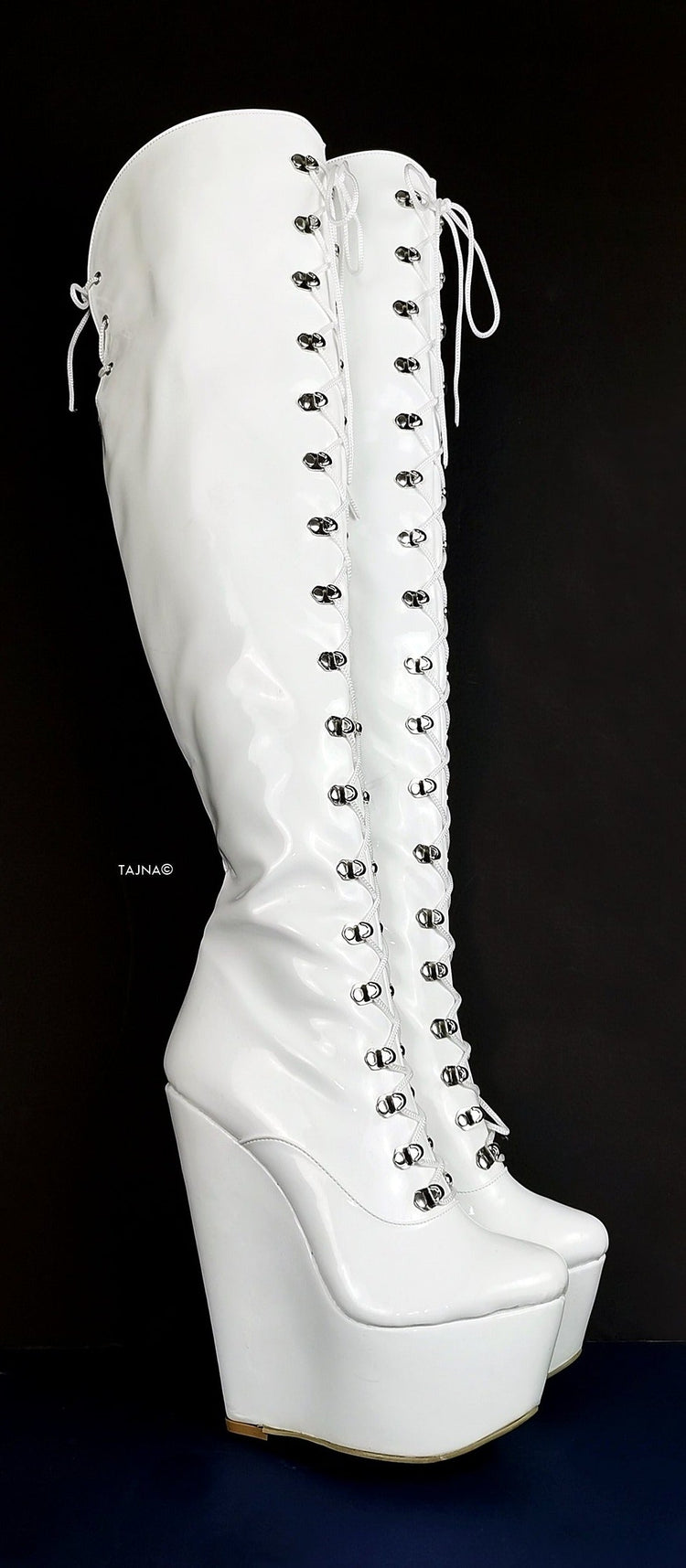 White Wedge Military Style Knee High Boots - Tajna Club