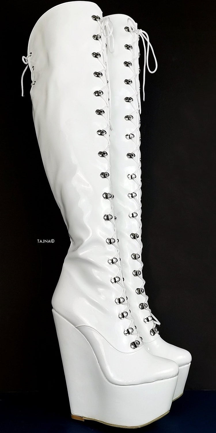 White Wedge Military Style Knee High Boots - Tajna Club