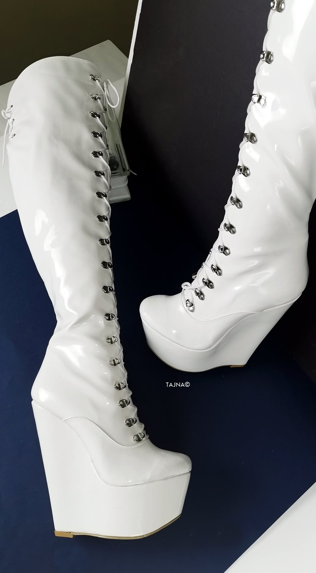 White Wedge Military Style Knee High Boots - Tajna Club