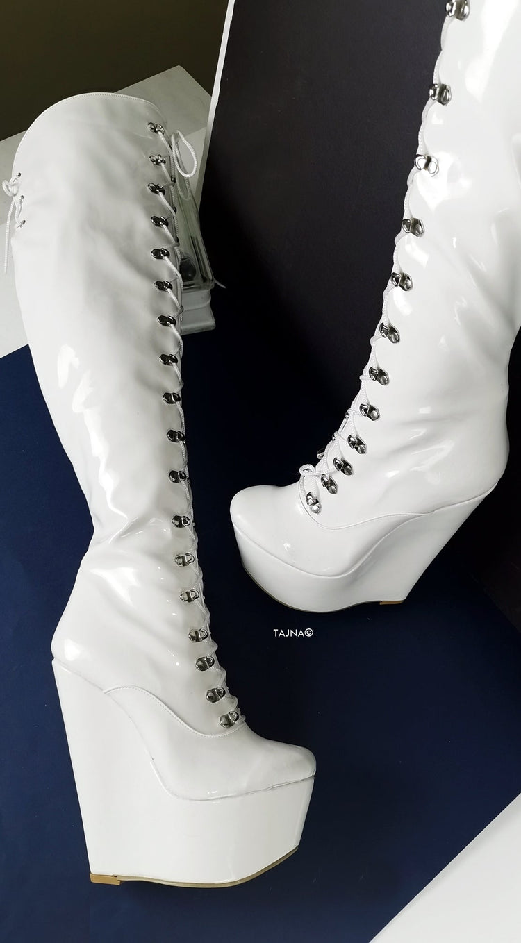 White Wedge Military Style Knee High Boots - Tajna Club