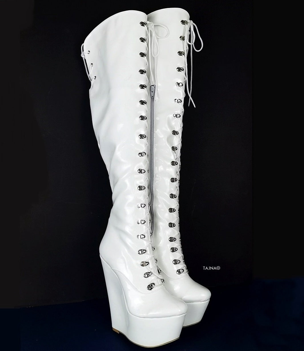 White Wedge Military Style Knee High Boots - Tajna Club