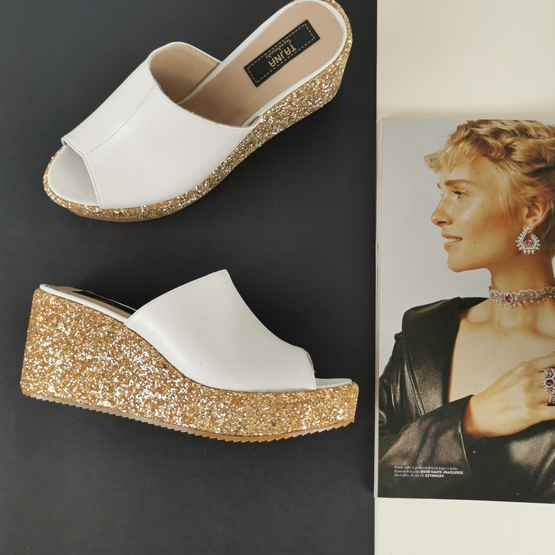 White Gold Glitter Wedge Mules - Tajna Club