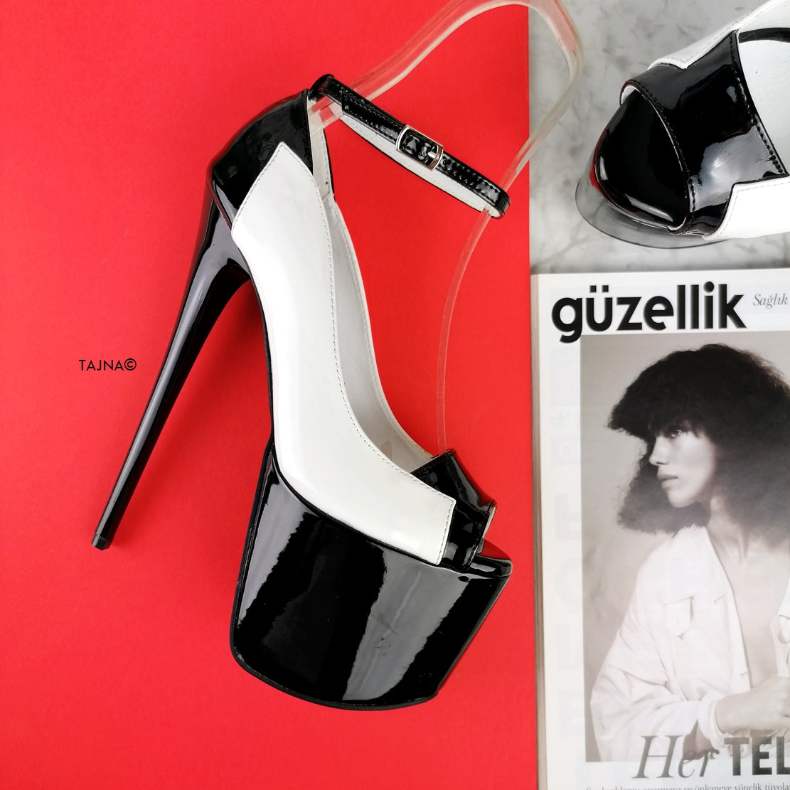 White Black Patent Ankle Strap Designer Heels - Tajna Club