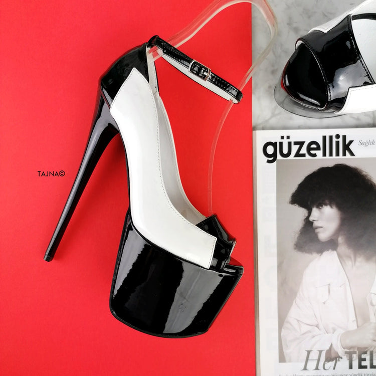 White Black Patent Ankle Strap Designer Heels - Tajna Club
