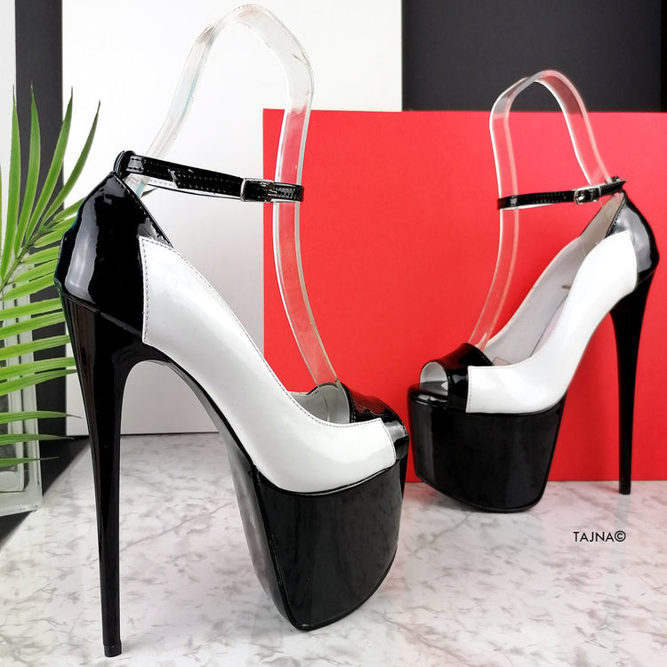 White Black Patent Ankle Strap Designer Heels - Tajna Club