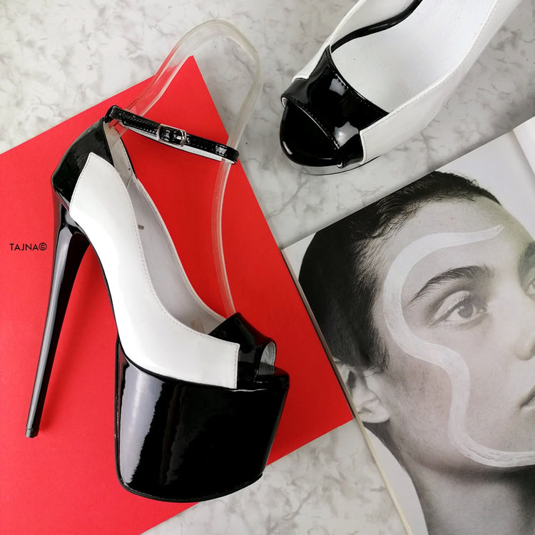 White Black Patent Ankle Strap Designer Heels - Tajna Club