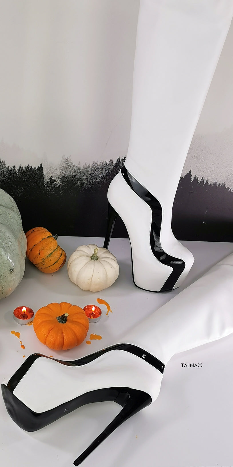 Black Side Detail White Knee High Boots - Tajna Club