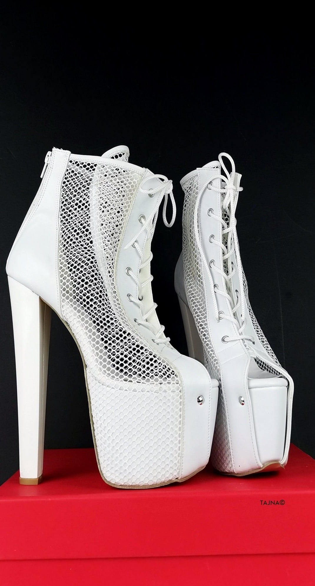 White Fishnet Lace Up Booties - Tajna Club