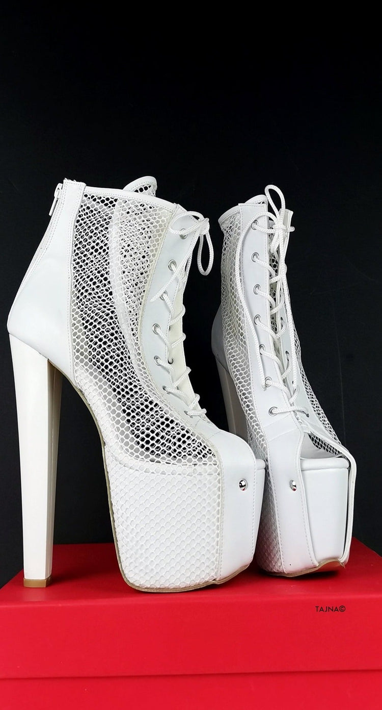 White Fishnet Lace Up Booties - Tajna Club