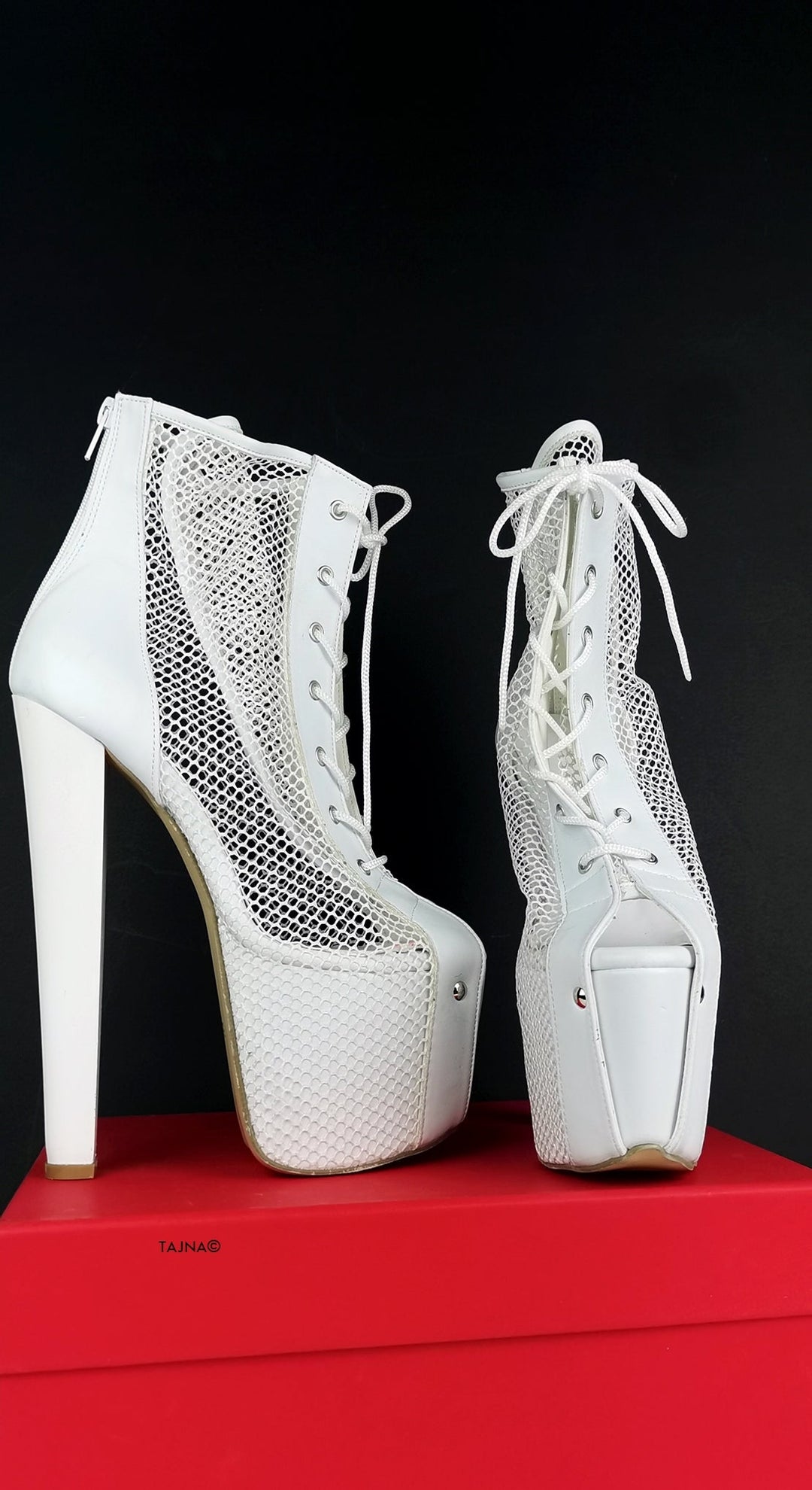 White Fishnet Lace Up Booties - Tajna Club