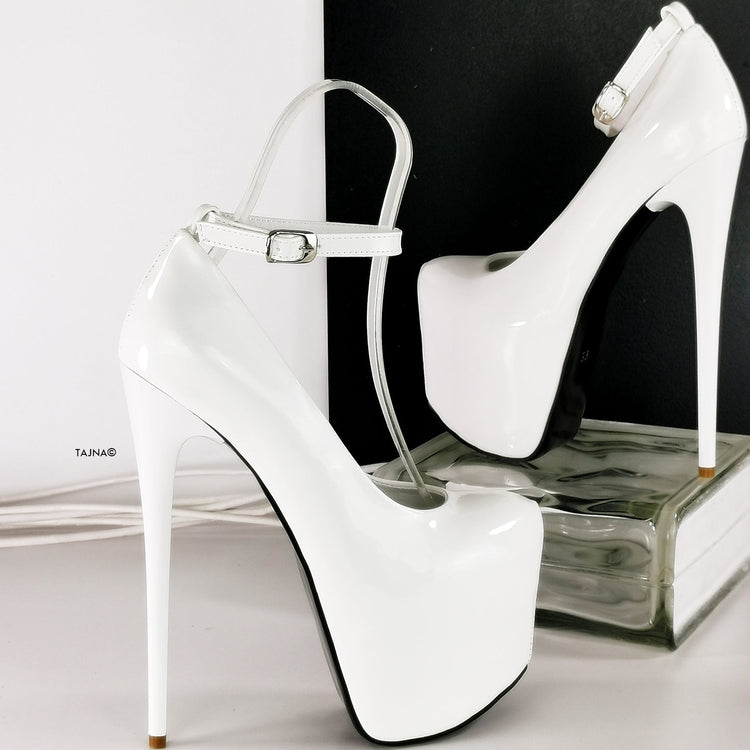White Gloss Patent Ankle Strap Pencil Heels - Tajna Club
