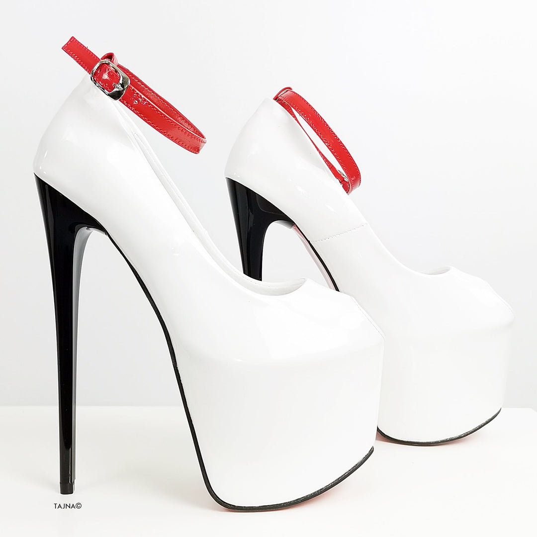 White Gloss Fishmouth Ankle Strap Heels - Tajna Club