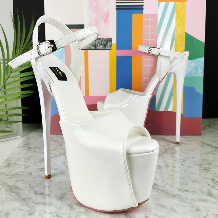 White Patent Pink Sole Ankle Strap Sandals - Tajna Club