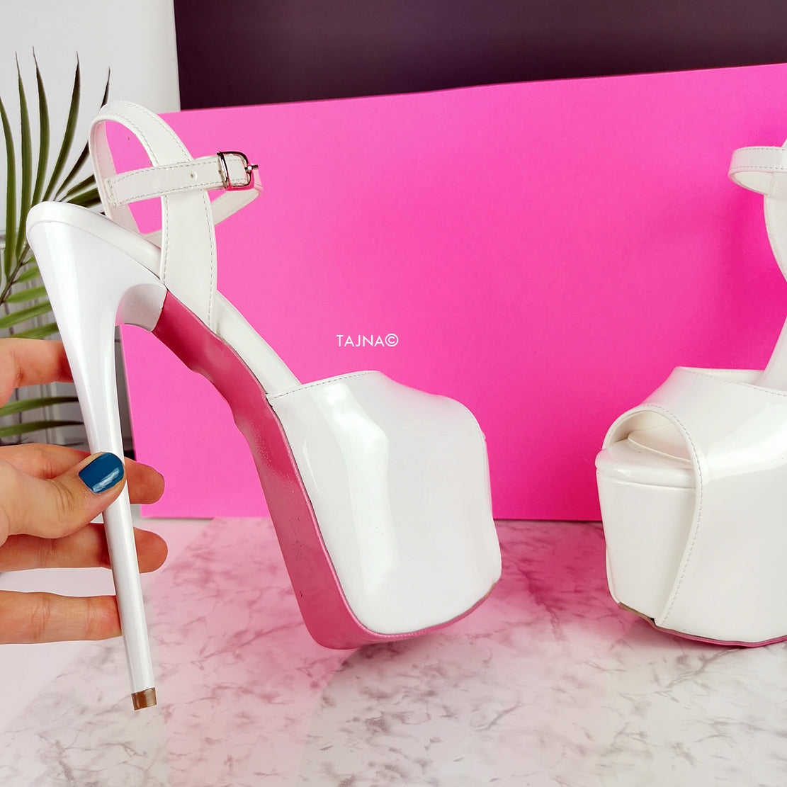 White Patent Pink Sole Ankle Strap Sandals - Tajna Club