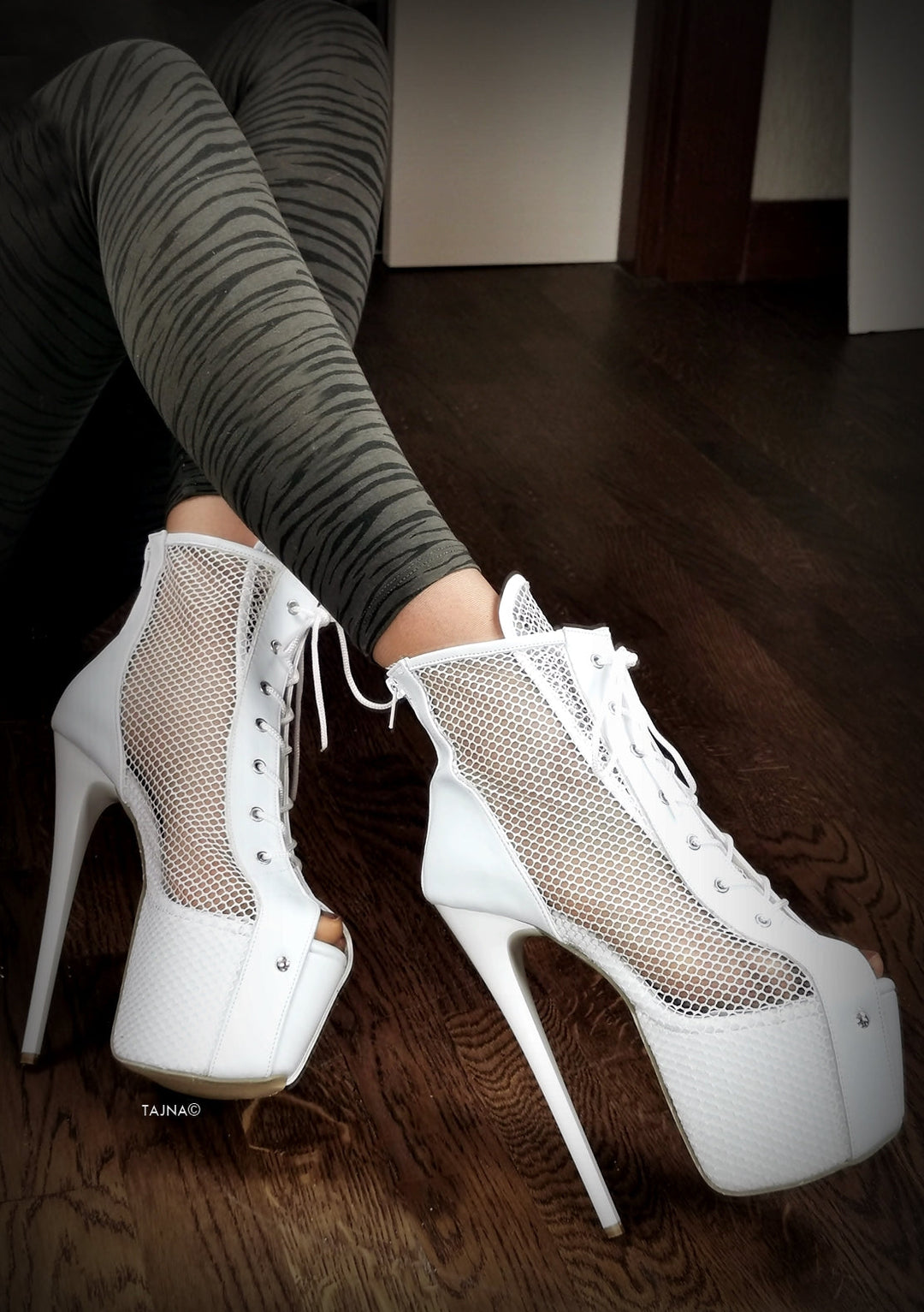 White Net Thin Heel Lace Up Booties - Tajna Club