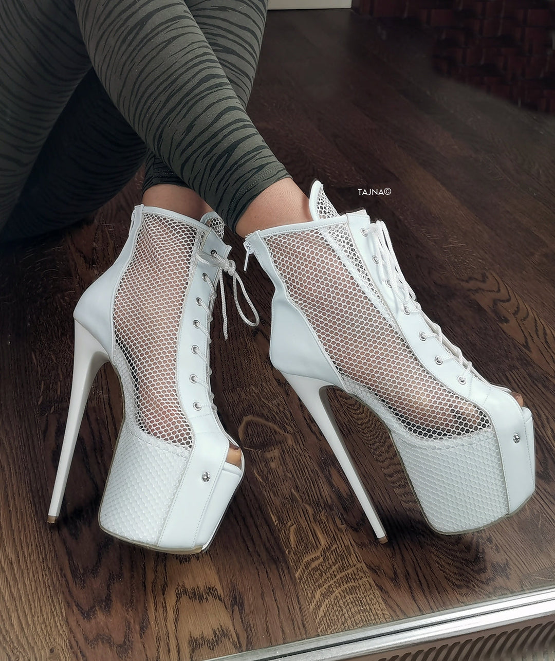 White Net Thin Heel Lace Up Booties - Tajna Club