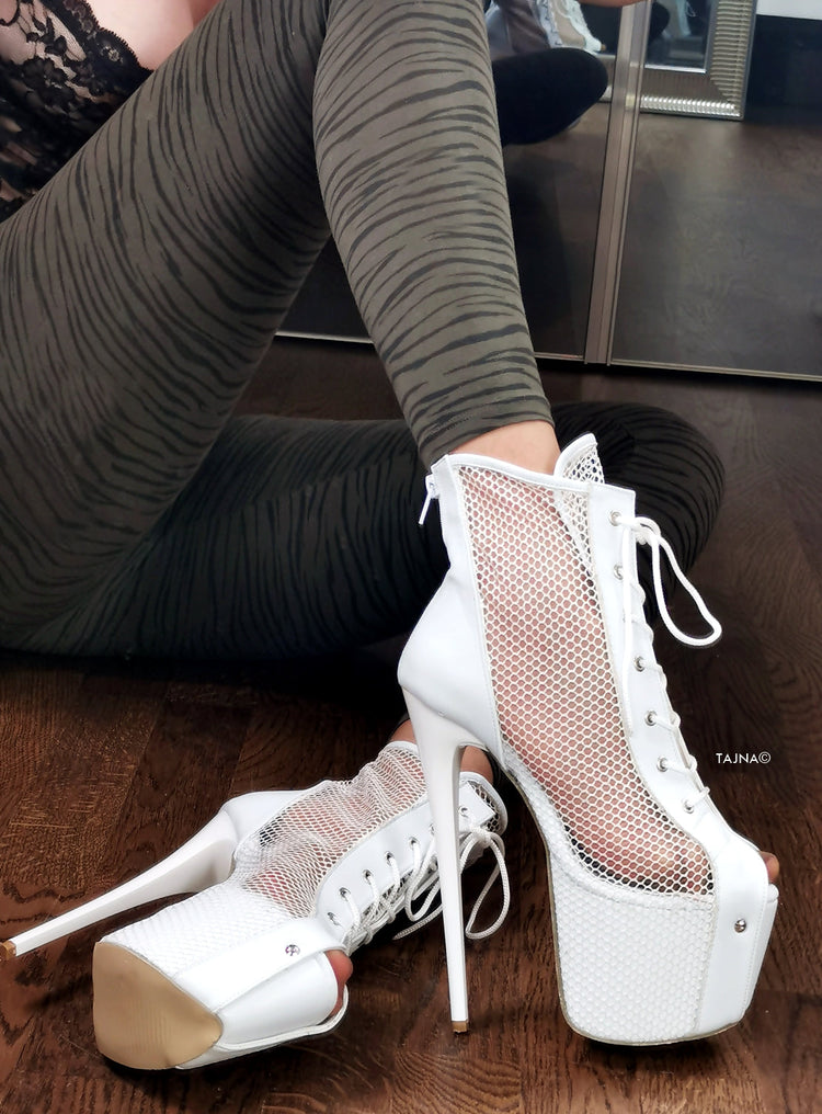 White Net Thin Heel Lace Up Booties - Tajna Club