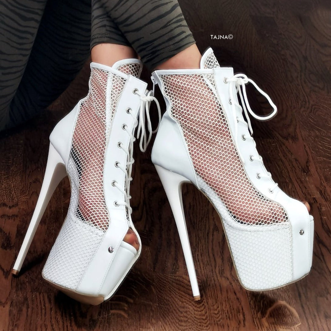 White Net Thin Heel Lace Up Booties - Tajna Club