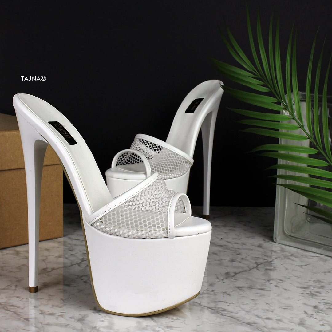 White Fishnet High Heel Mules - Tajna Club