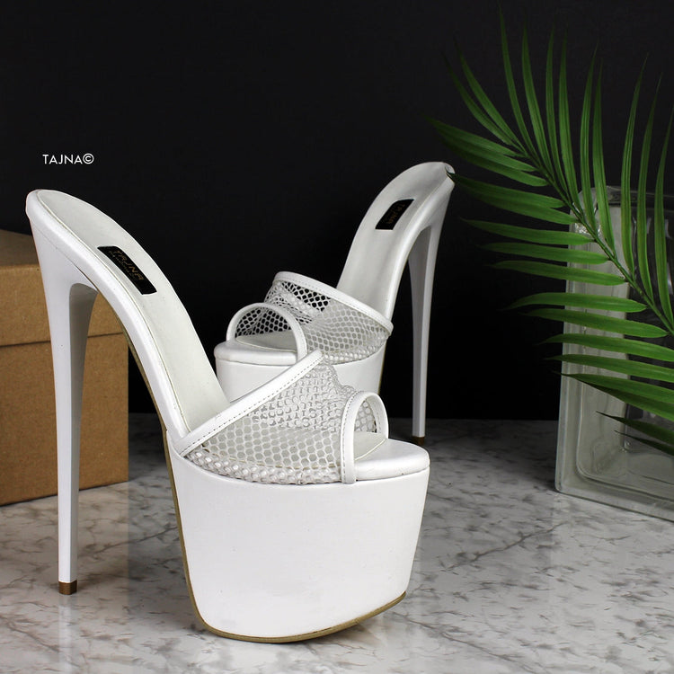White Fishnet High Heel Mules - Tajna Club