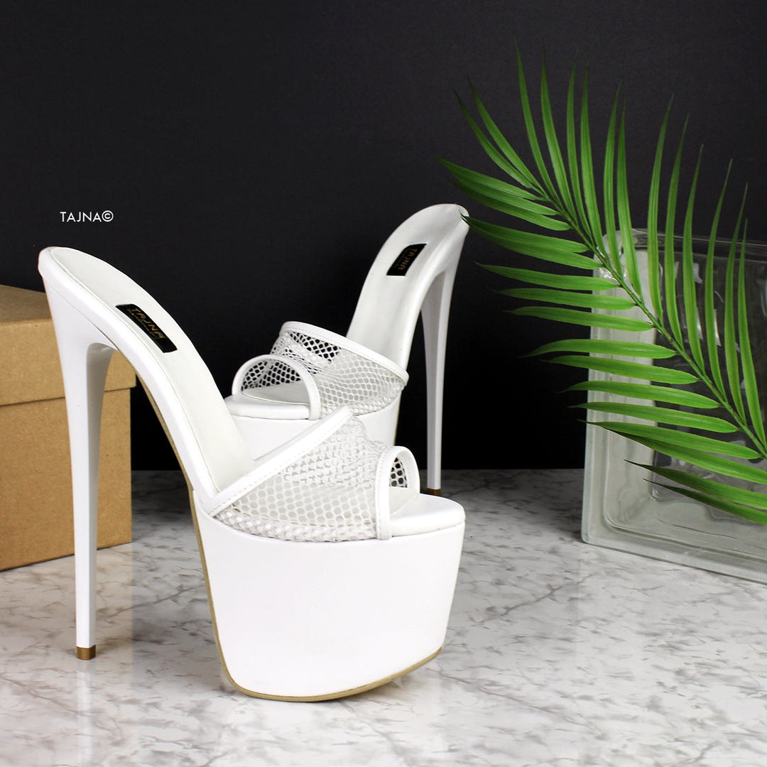 White Fishnet High Heel Mules - Tajna Club