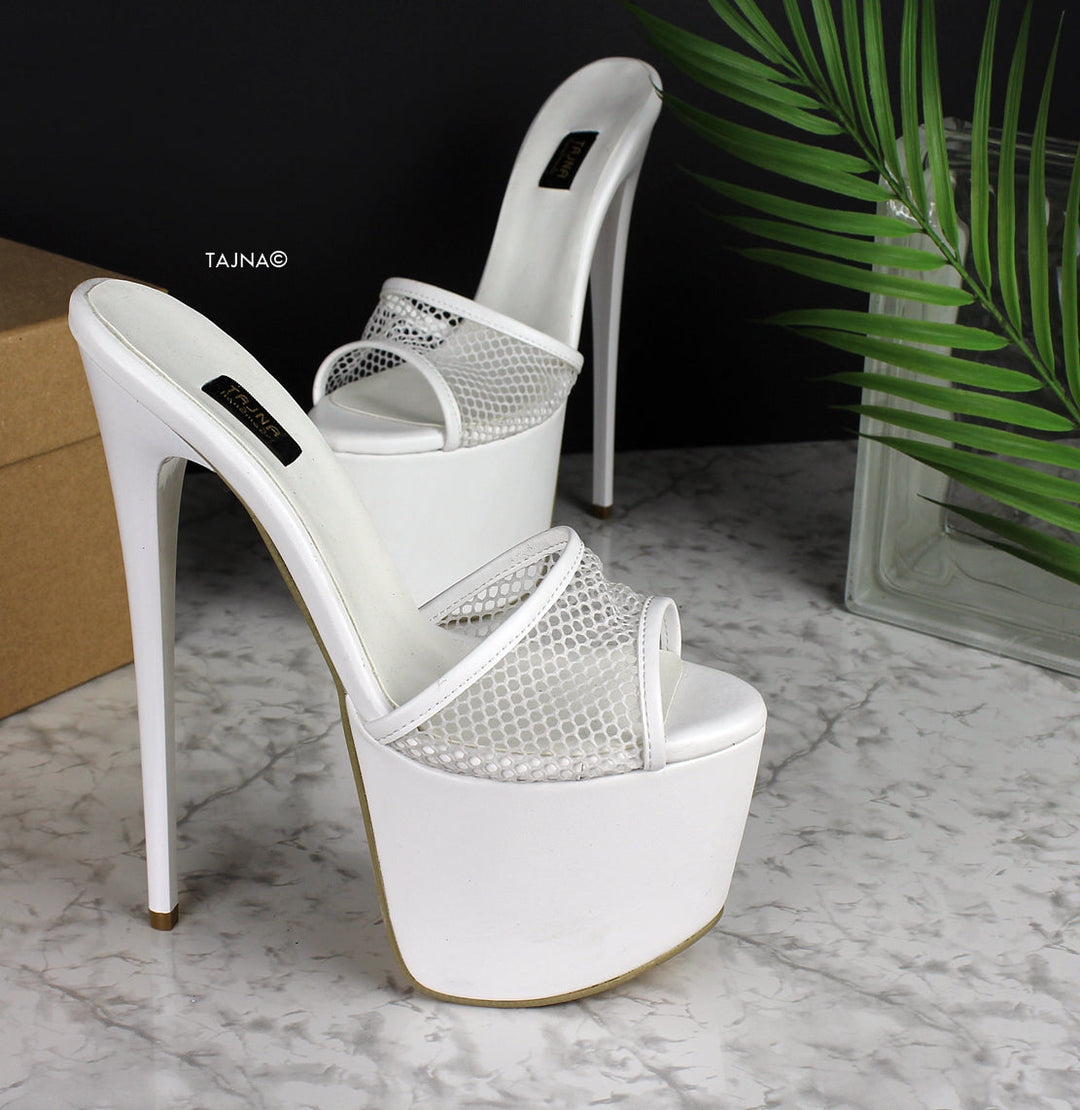 White Fishnet High Heel Mules - Tajna Club