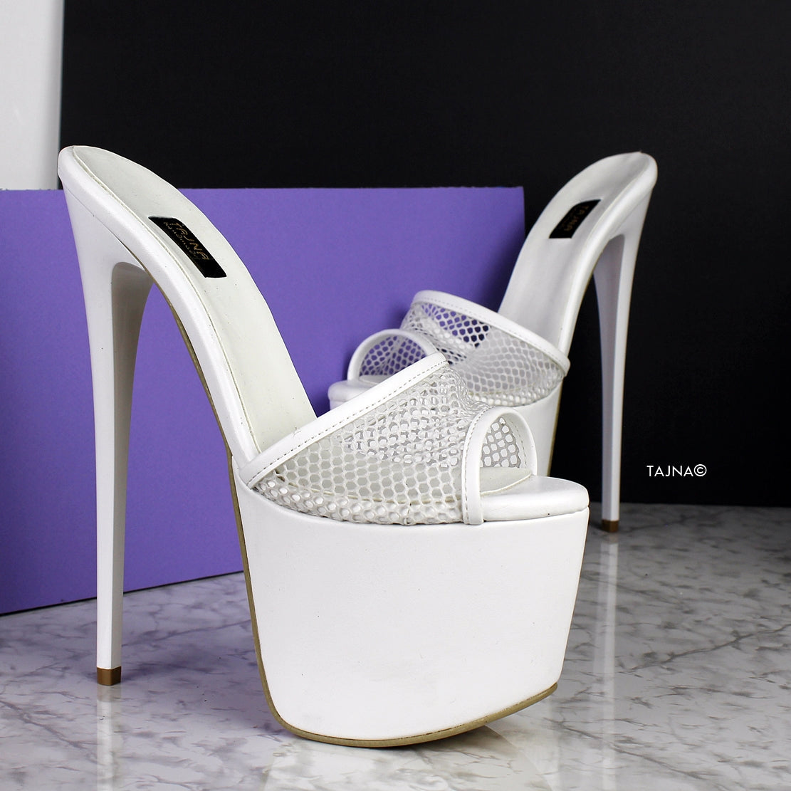 White Fishnet High Heel Mules - Tajna Club